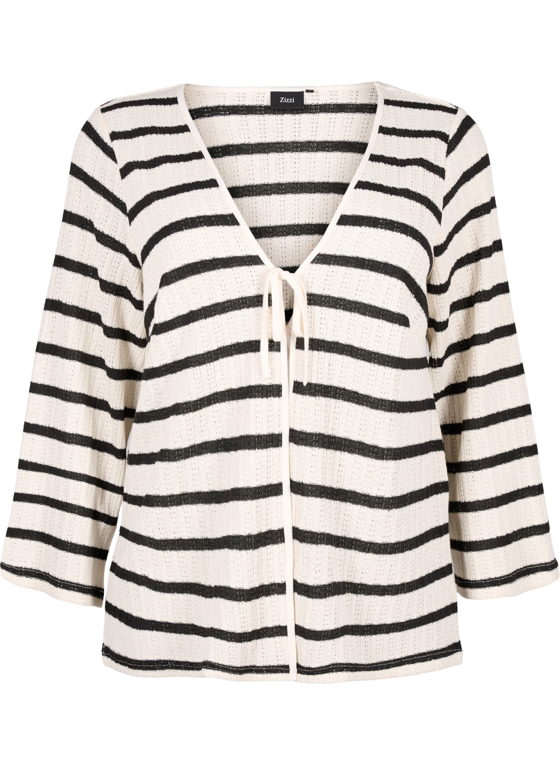 Zizzi Gestreifte Strickjacke mit Bindeband, Sand Black Stripe, Packshot image number 0