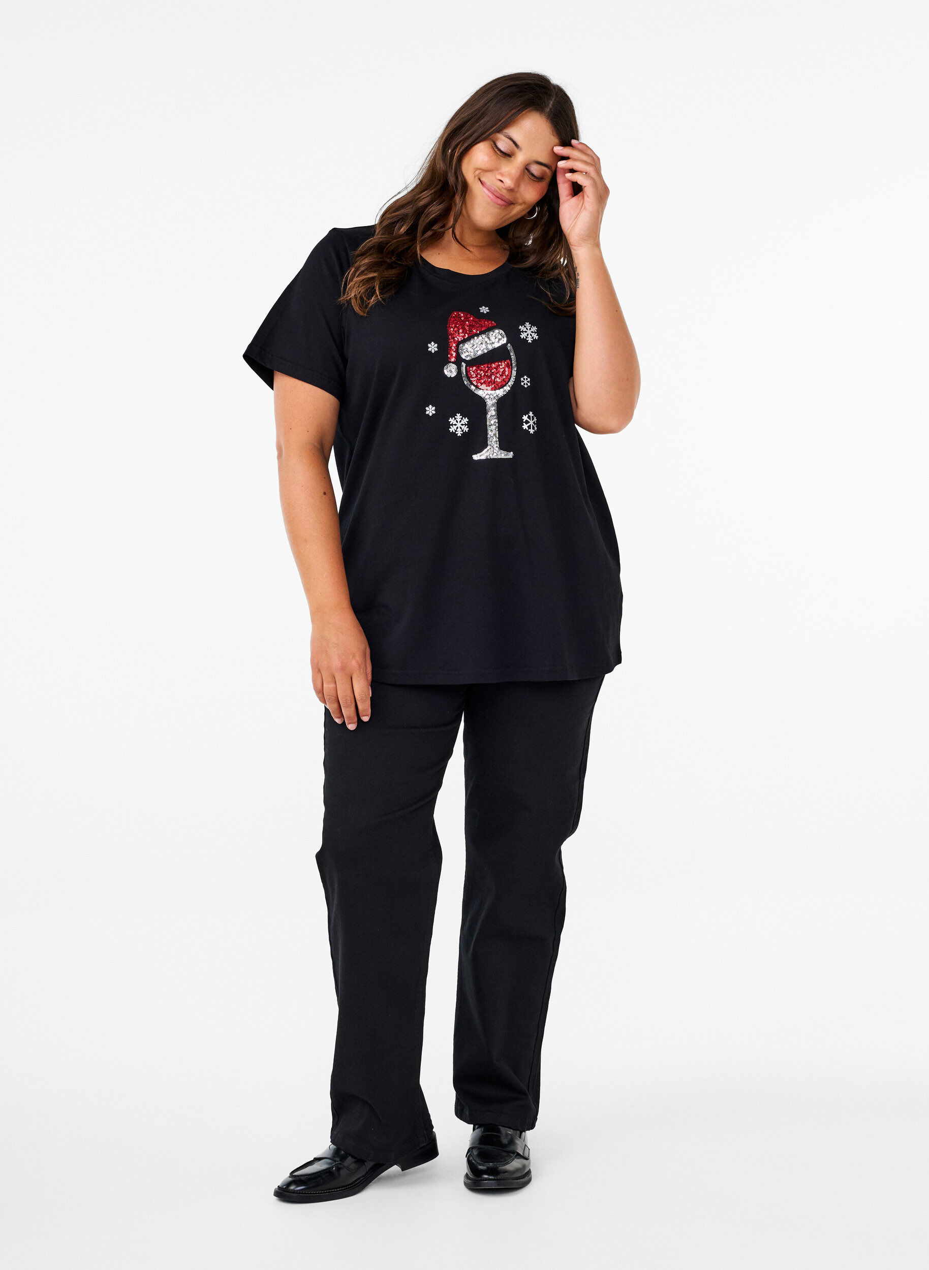 Zizzi Weihnachtliche T-Shirts aus 100% Baumwolle, Black w. Wine, Model image number 2