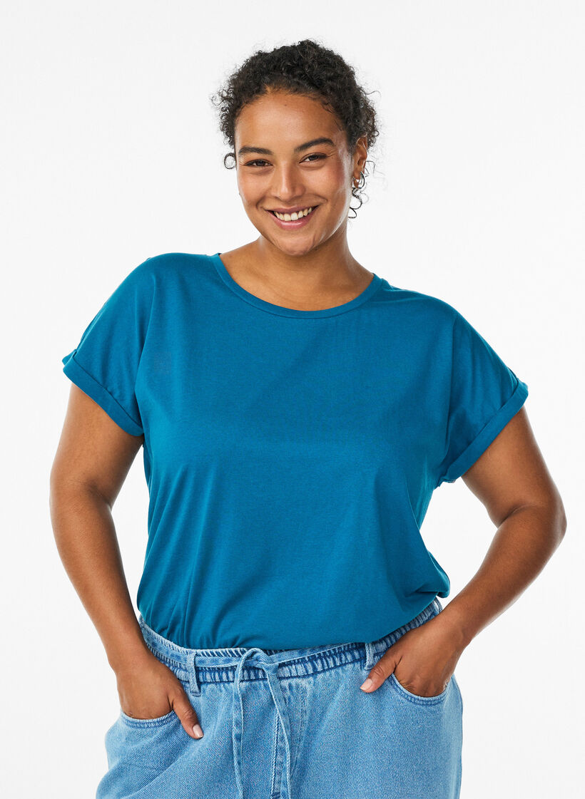 Kurz&auml;rmeliges T-Shirt aus einer Baumwollmischung, Petrol, Model image number 0