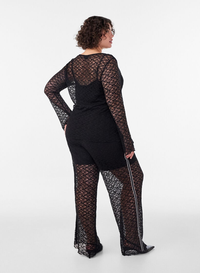 Transparente Spitzenhose mit weitem Bein, Schwarz, Model image number 1