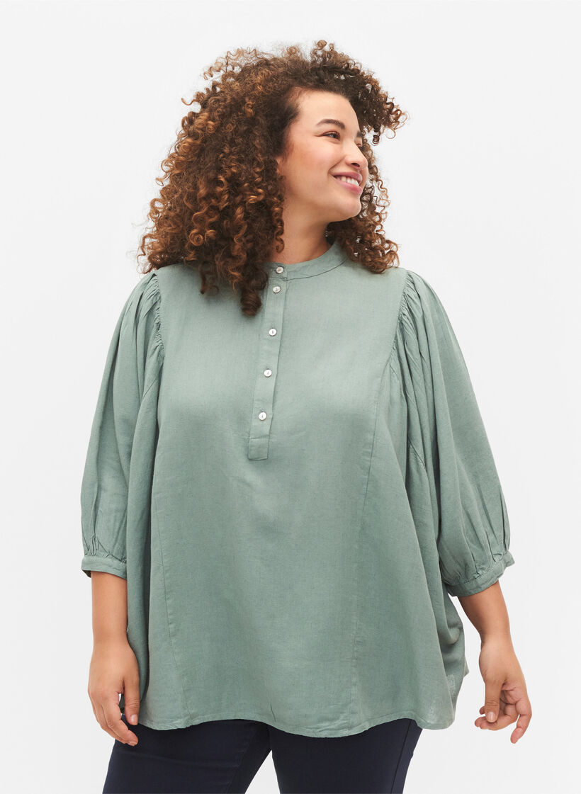 Viskose-Leinen-Mix-Shirt-Bluse mit 3/4-Ärmeln, Chinois Green, Model image number 0