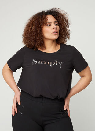 Kurzarm T-Shirt aus Baumwolle mit Aufdruck, Black SIMPLY, Model image number 0