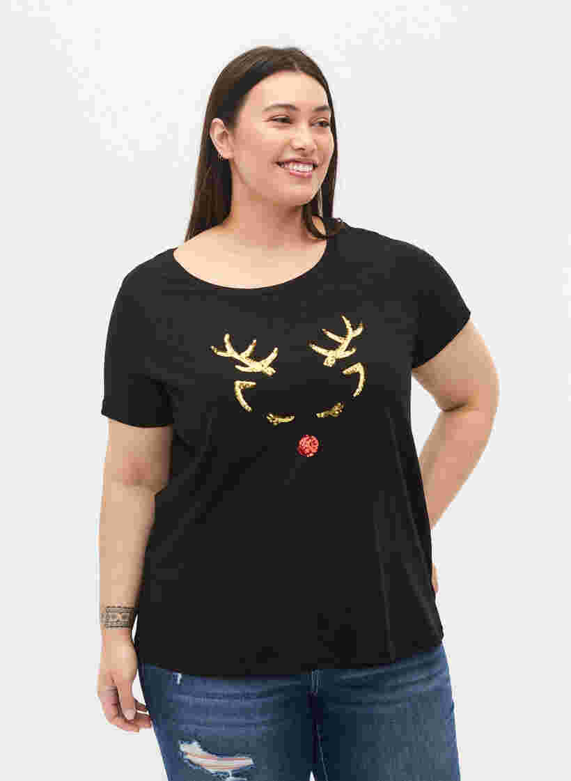 Weihnachts-T-Shirt aus Baumwolle, Black Reindeer, Model