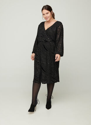 Gemustertes Kleid mit Glitzer und V-Ausschnitt, Black w Glitter, Model image number 2