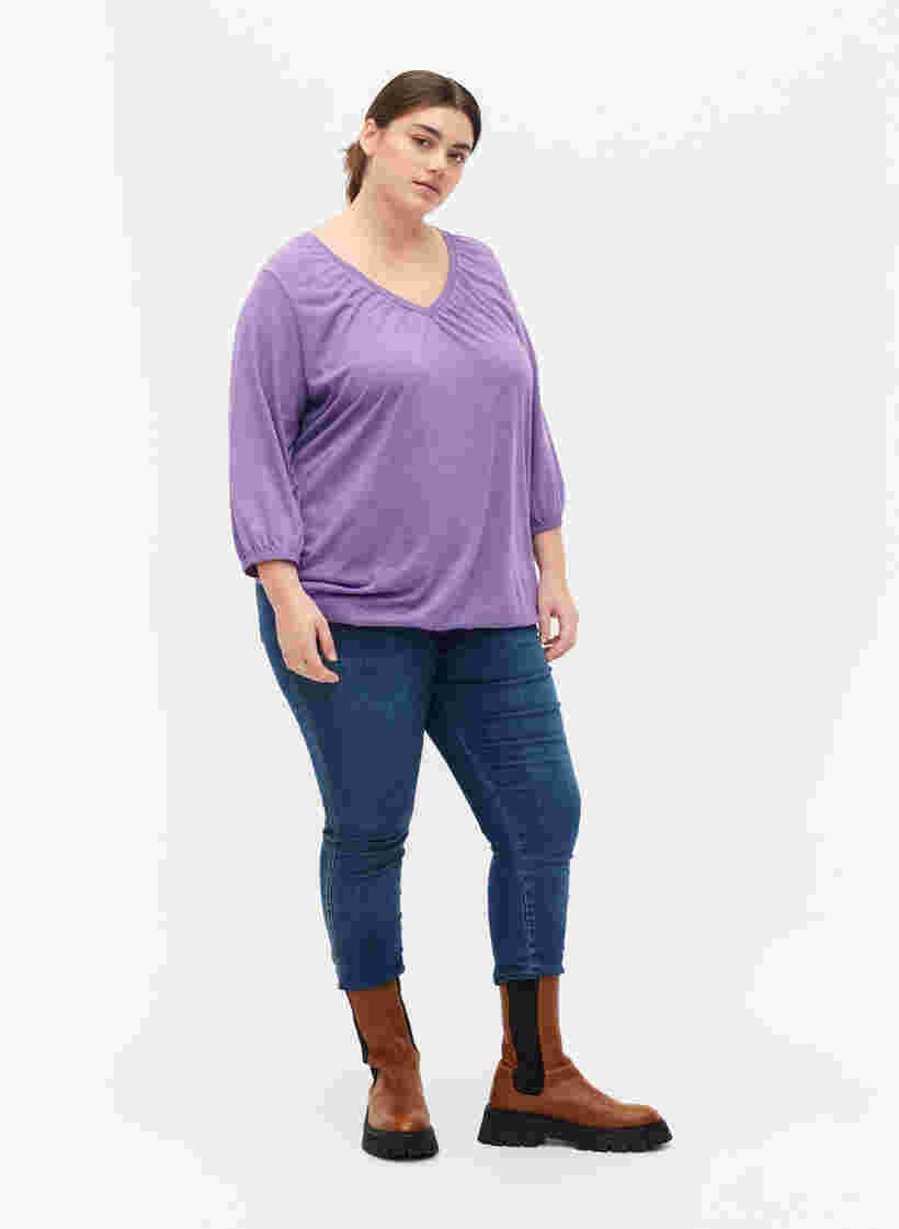 Melange-Bluse mit V-Ausschnitt, Deep Lavender Mél, Model image number 2