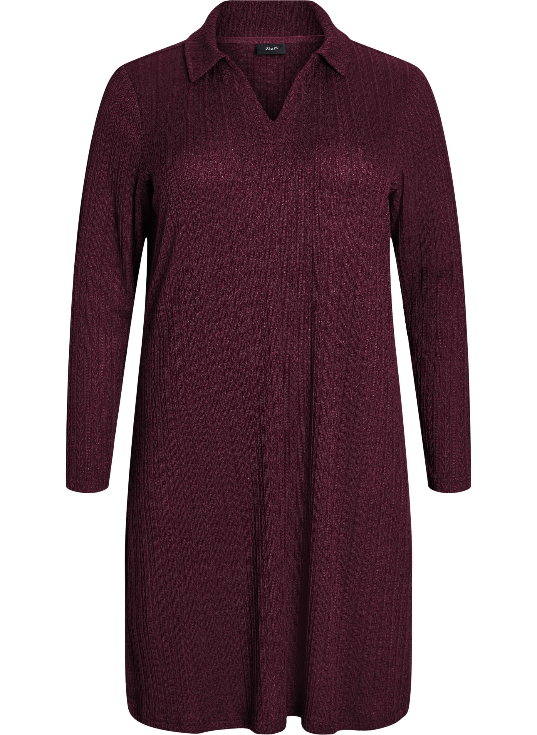 Zizzi Kleid mit Zopfmuster und V-Ausschnitt, Dunkles Bordeaux, Packshot image number 0