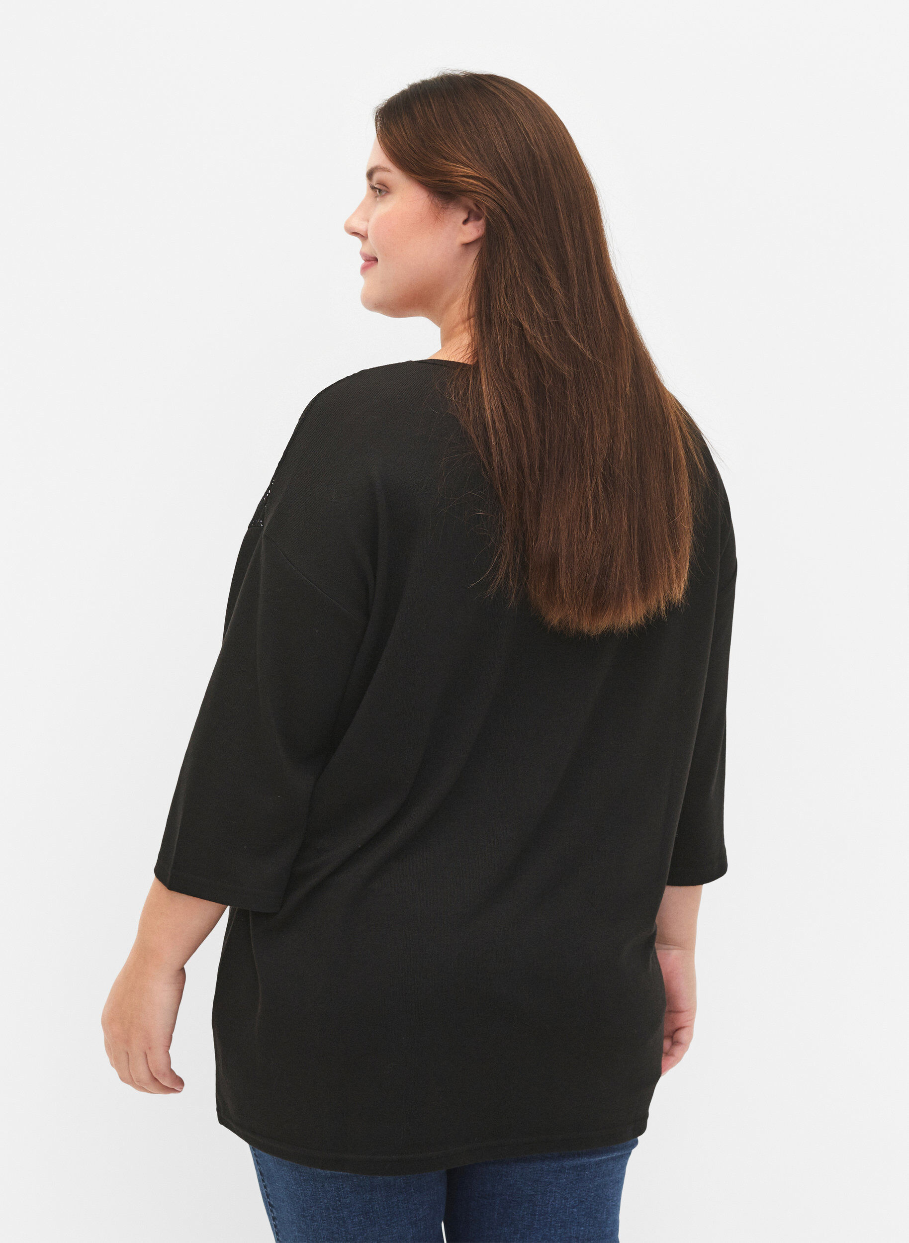 Zizzi Bluse mit 3/4-&Auml;rmeln und Spitzendetail, Black, Model image number 1
