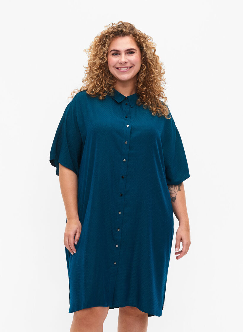 Kurzärmeliges Hemdblusenkleid mit gepunktetem Muster, Deep Teal, Model image number 0