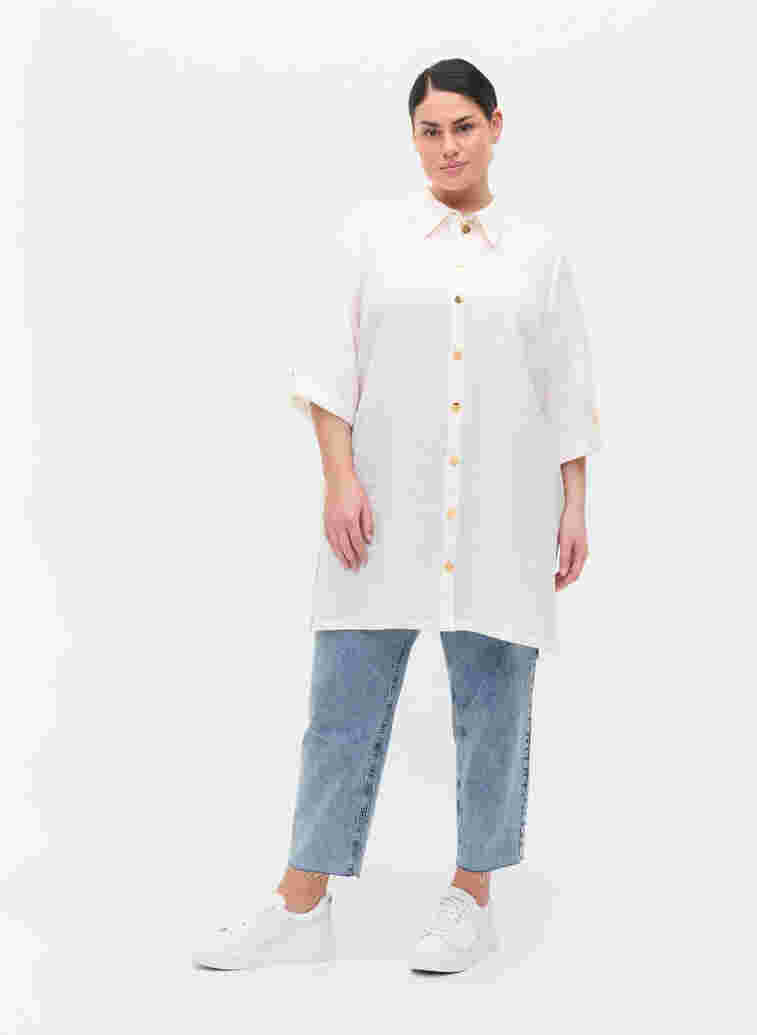 Lange Hemdbluse mit 3/4-Ärmel, Bright White, Model image number 2