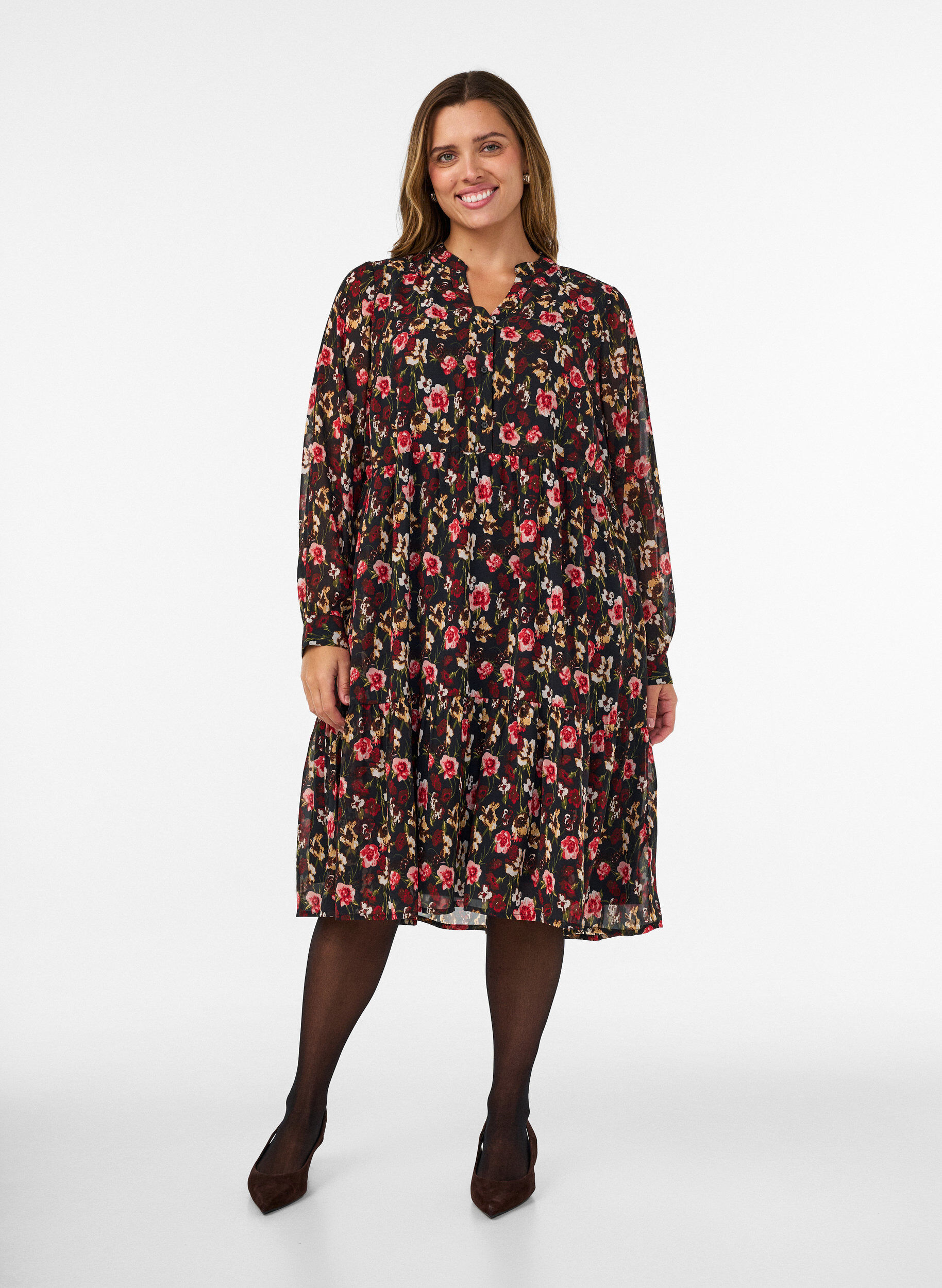 ZizziKleid mit Allover-Muster und einer Volantlage, Schwarz, Model image number 0