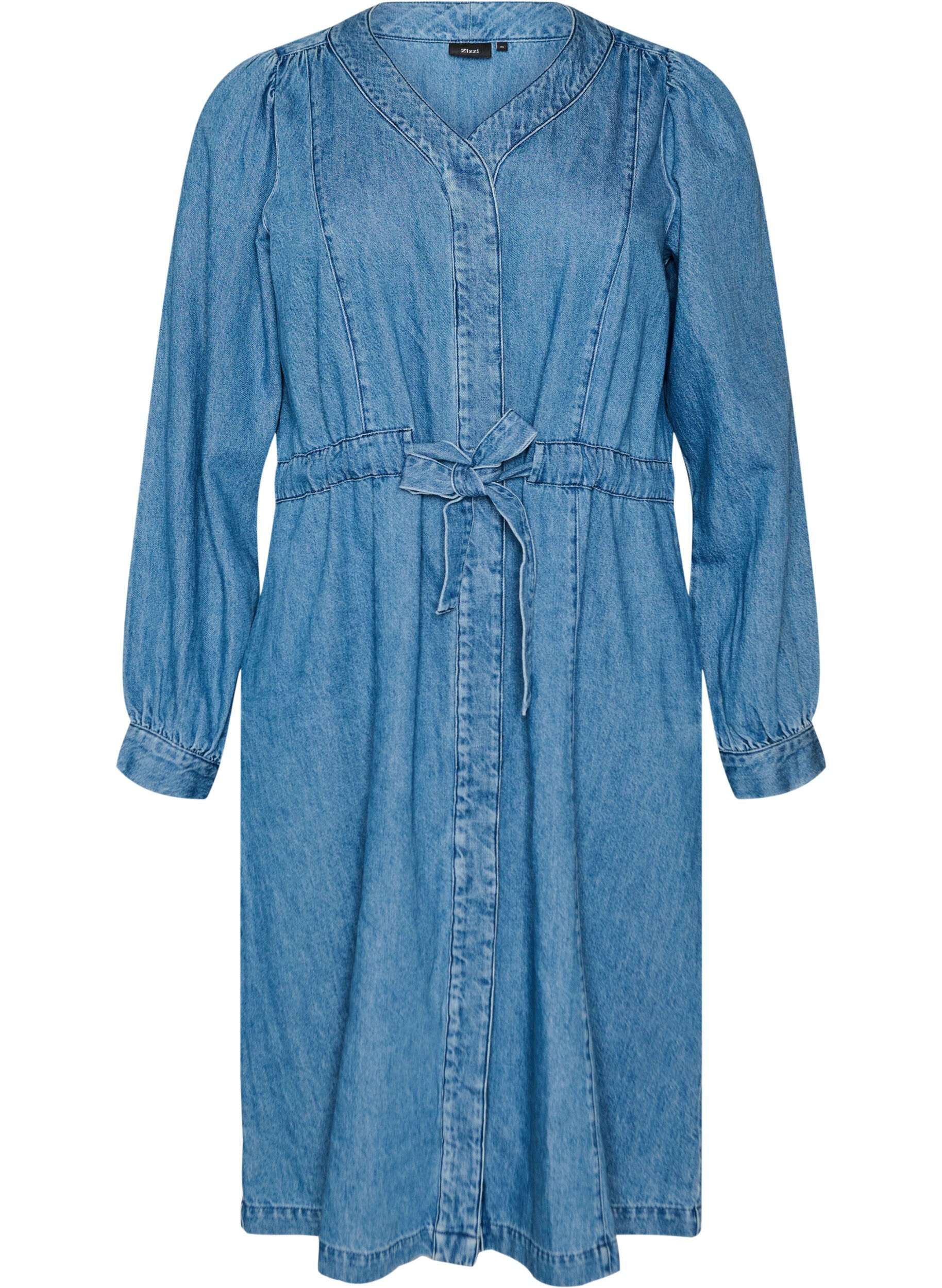 ZizziJeanskleid mit V-Ausschnitt und Bindeg&uuml;rtel, Blau, Packshot image number 0