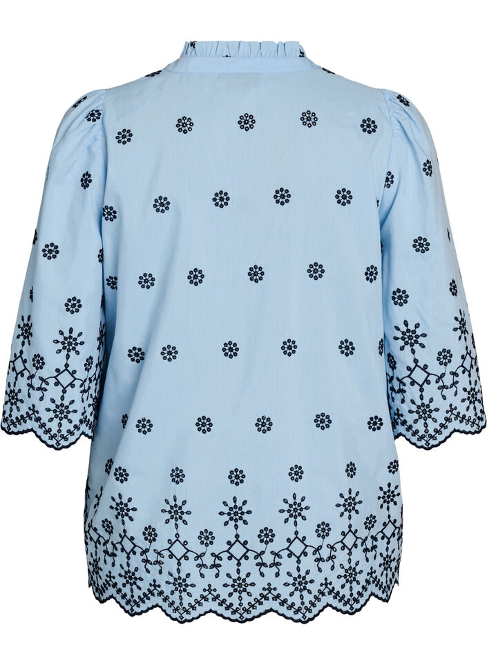 Bluse mit 3/4-&Auml;rmeln und gesticktem Muster, Blau, Packshot image number 1