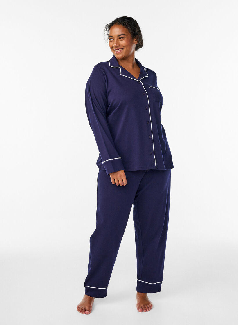 Baumwoll-Pyjamahose mit hohem Bund, Blau, Model image number 0