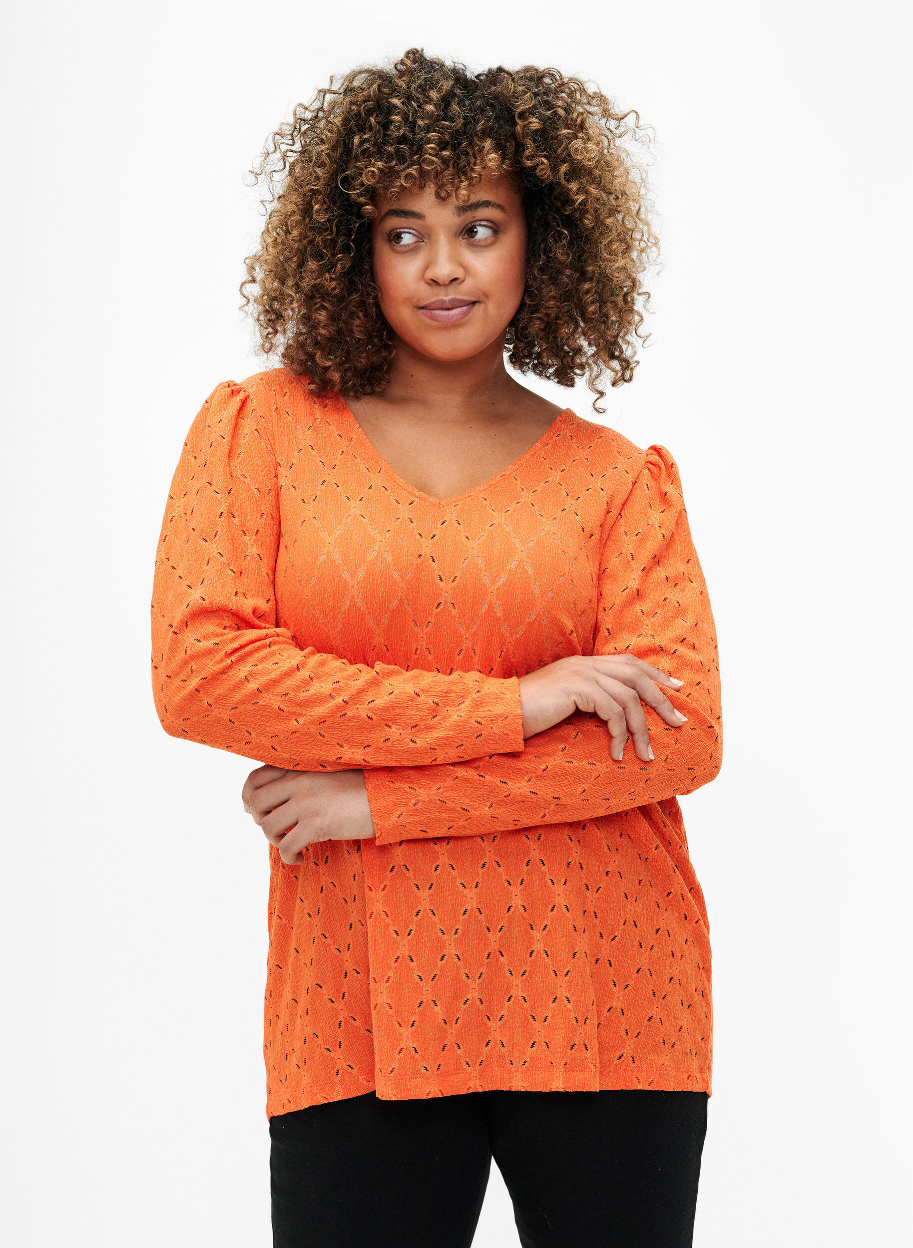 Zizzi Bluse mit V-Ausschnitt und Lochmuster, Carrot, Model image number 0