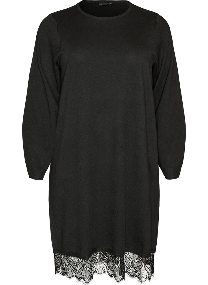Kurzes Kleid aus Strick mit Spitzensaum, Schwarz, Packshot image number 0