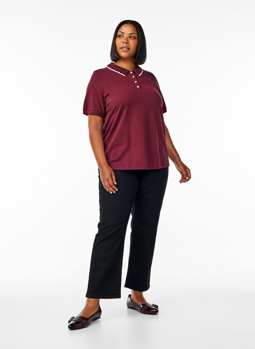 Poloshirt mit Strasssteinen und Rüschendetails, Rot, Model image number 1