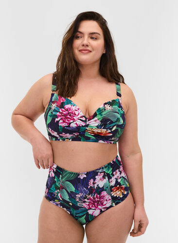 Hochtaillierte Bikinihose mit Blumenprint, Flower Print, Model image number 0