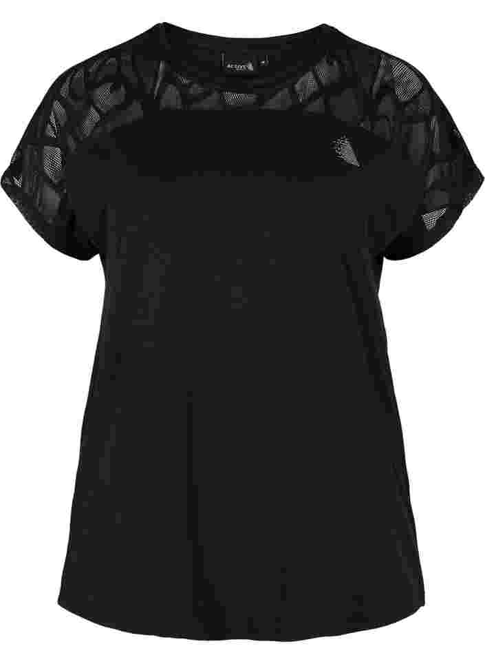 Kurzarm Trainings-T-Shirt mit gemustertem Mesh, Black, Packshot image number 0