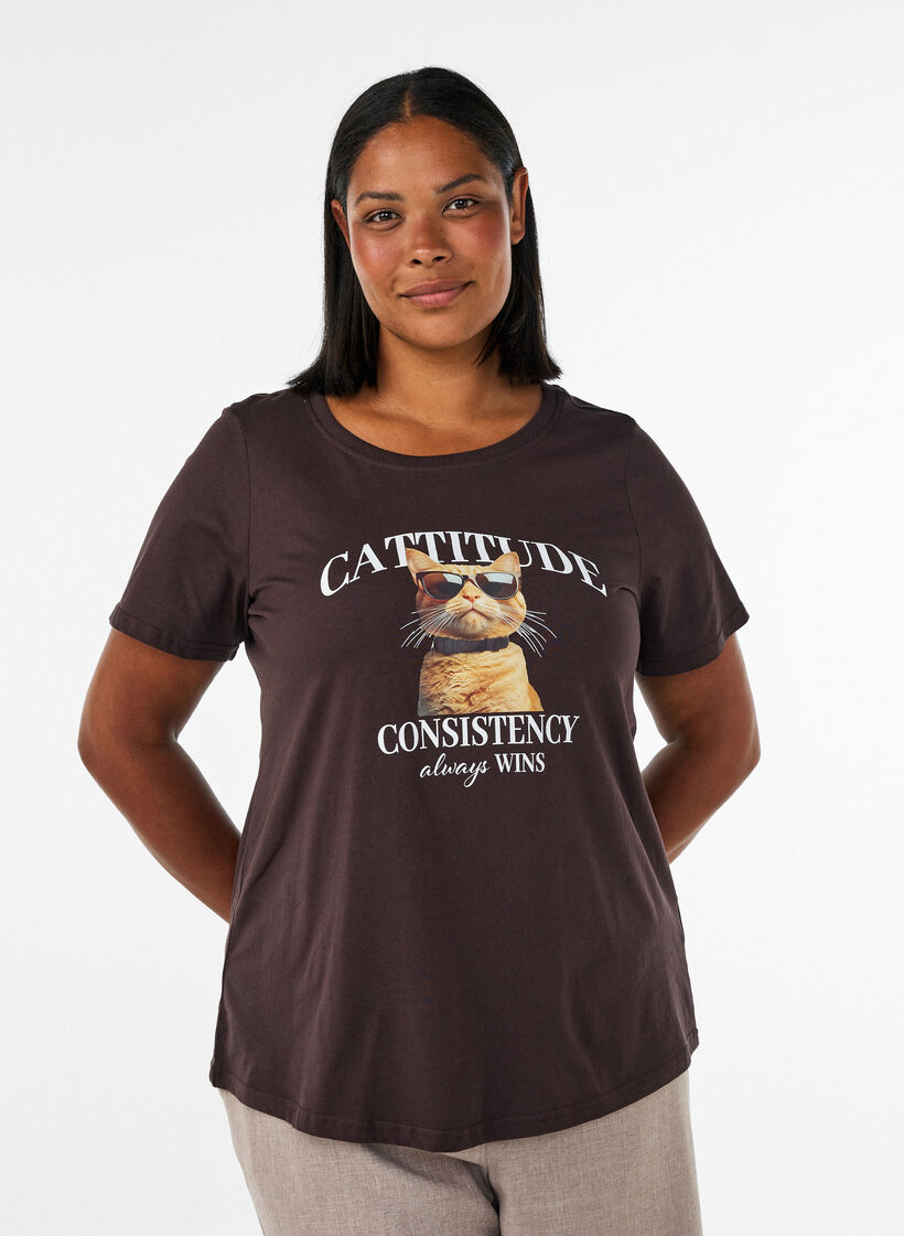 T-Shirt aus Baumwolle mit Frontprint, Braun, Model image number 0