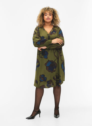 Kleid aus Viskose mit Print, Green Big Flower, Model image number 2