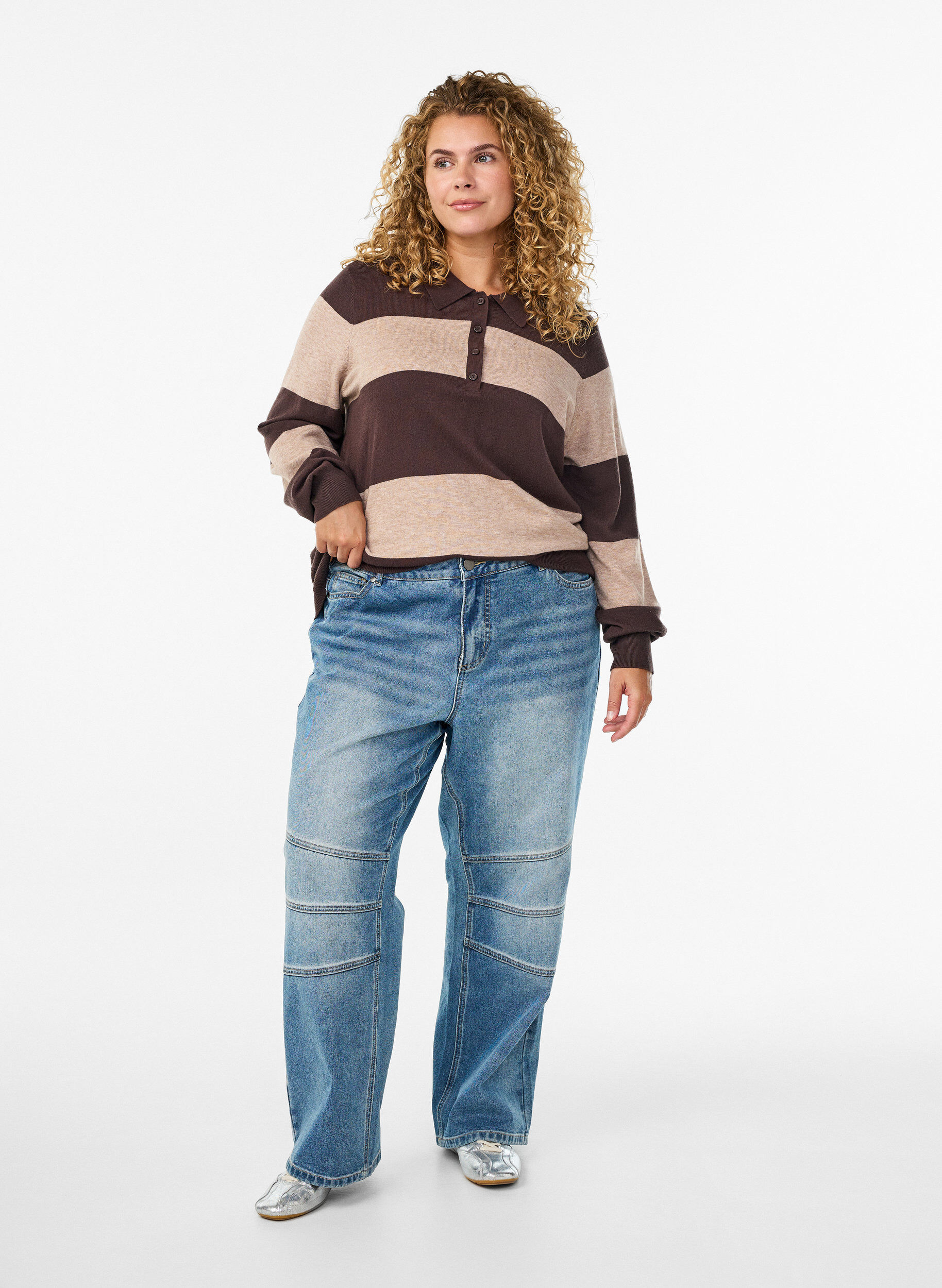 Zizzi Strickbluse mit Kragen, Braun, Model image number 1