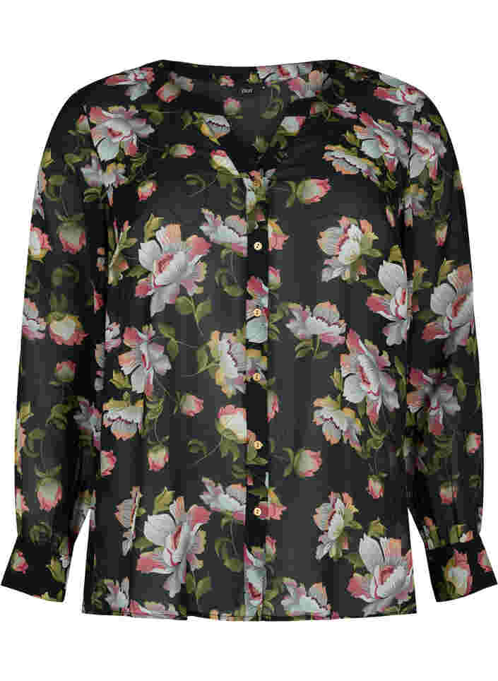Hemdbluse mit V-Ausschnitt und Print, Black/Beige Flower, Packshot image number 0