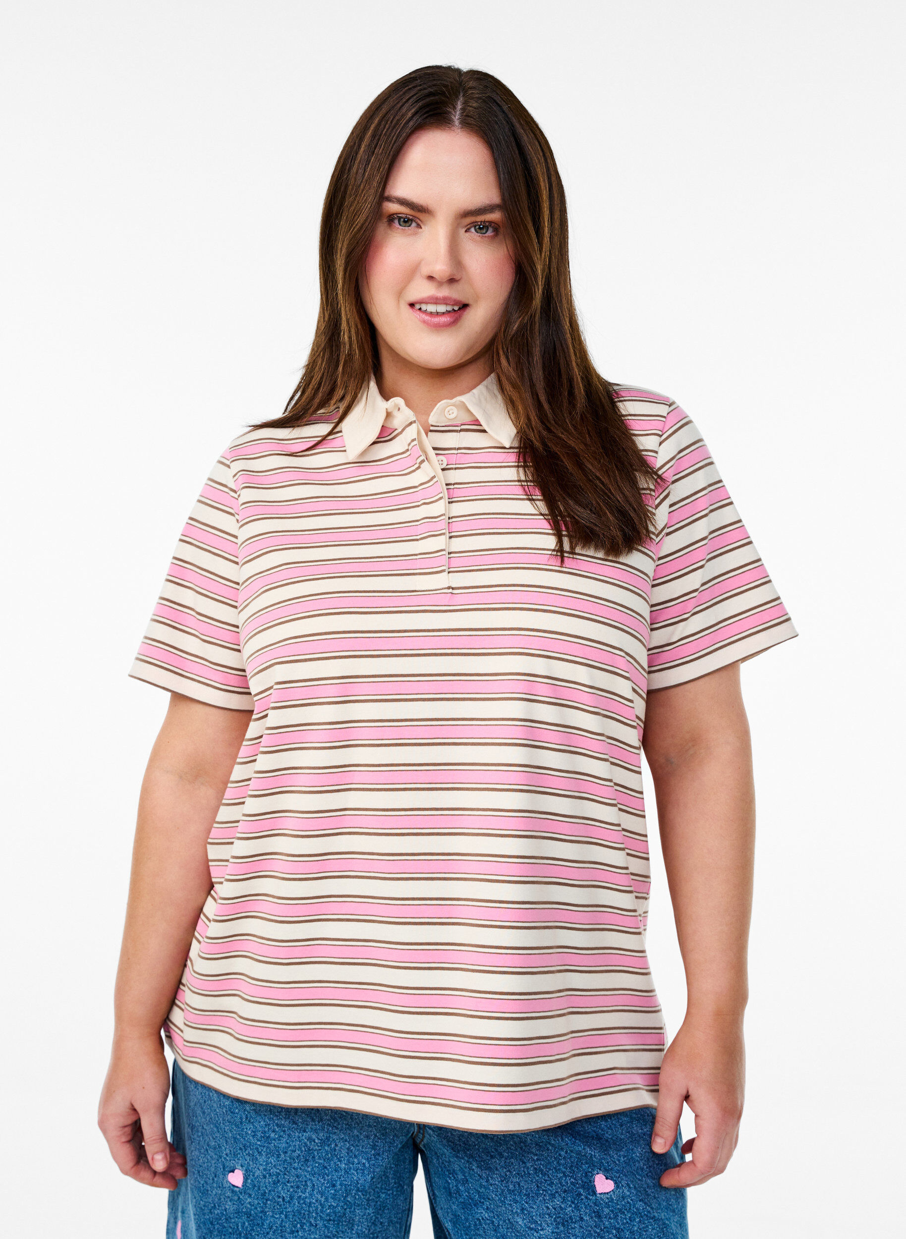 Poloshirt mit Streifen und kurzen &Auml;rmeln, Pink, Model