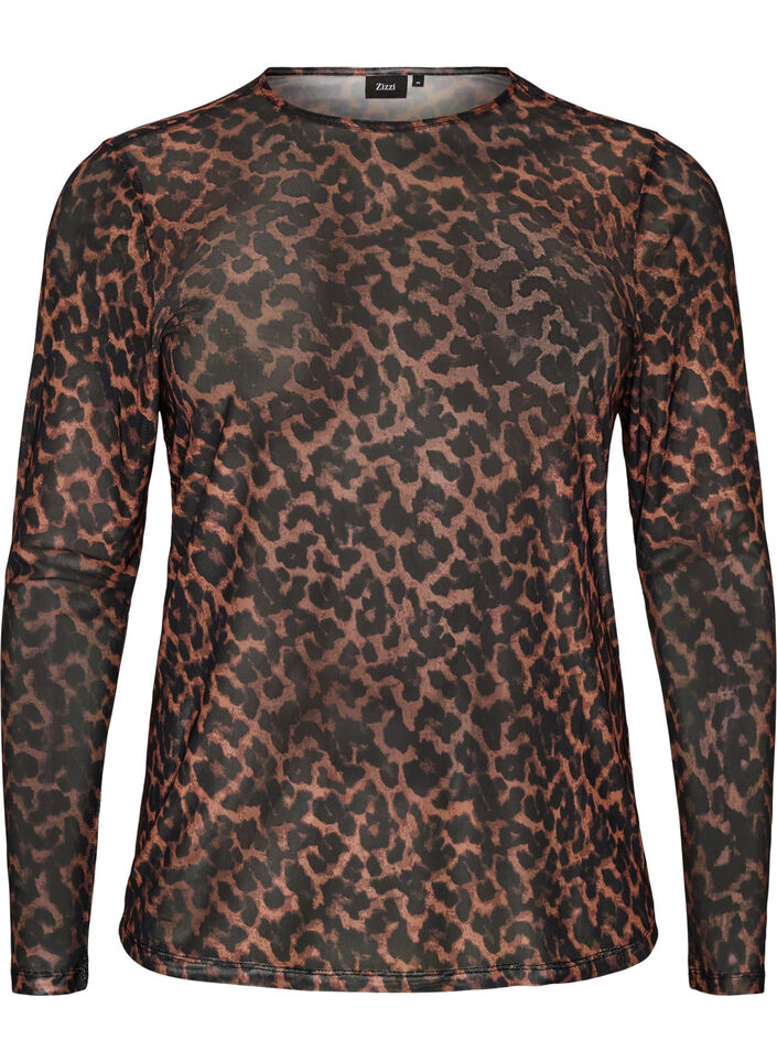Bluse aus Mesh mit Print, Braun, Packshot image number 0