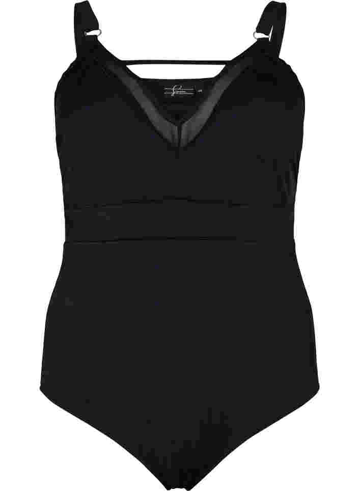 Badeanzug mit V-Ausschnitt und Mesh, Black, Packshot image number 0