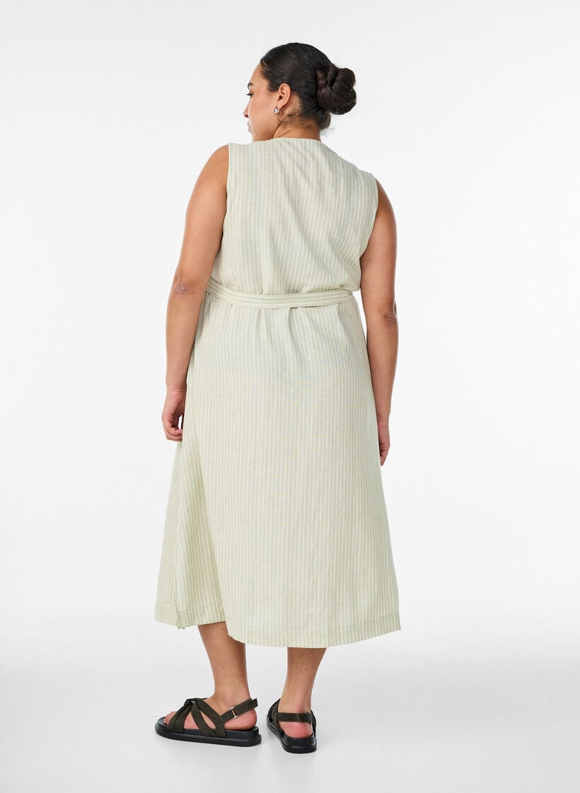 &Auml;rmelloses gestreiftes Midikleid aus Leinen und Viskose, Gr&uuml;n, Model image number 1