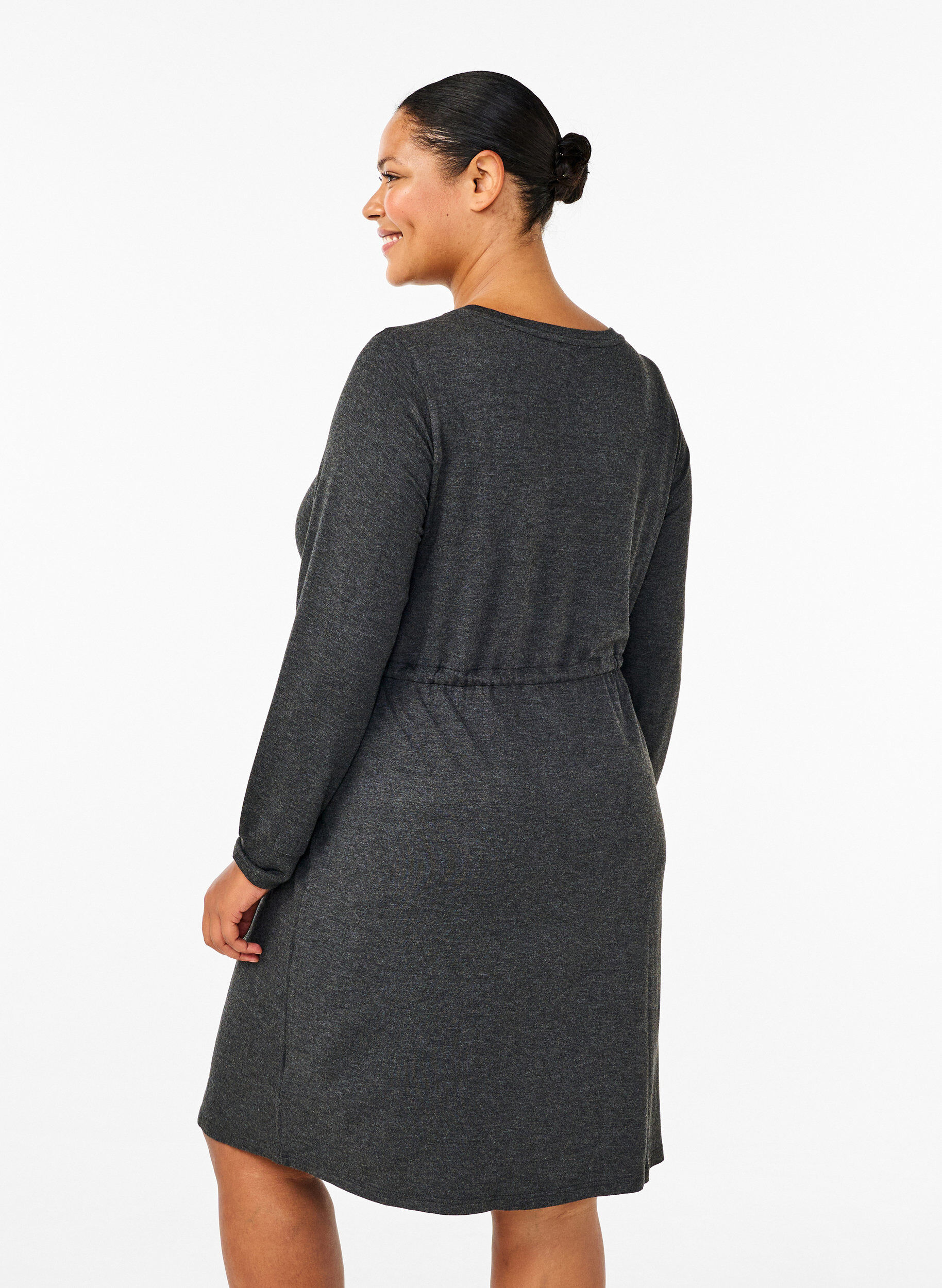 Zizzi Knielanges Jerseykleid mit B&auml;ndern zum Binden, Dark Grey Melange, Model image number 1