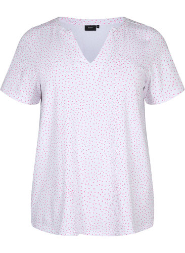Baumwoll-T-Shirt mit Punkten und V-Ausschnitt, B.White/S. Pink Dot, Packshot image number 0