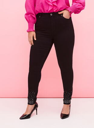 Hochtaillierte Amy-Jeans mit Strasssteinen, Black, Model image number 2