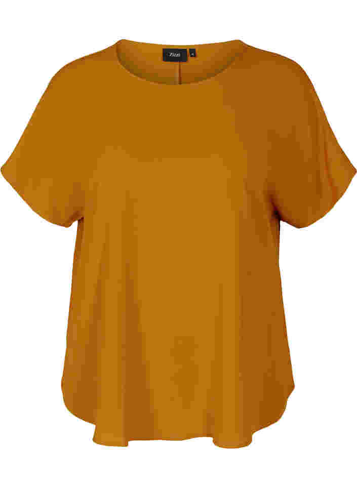 Bluse mit kurzen Ärmeln und Rundhalsausschnitt, Buckthorn Brown, Packshot image number 0