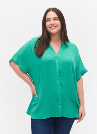 Kurzärmeliges Viskose-Shirt mit V-Ausschnitt, Holly Green, Model image number 0