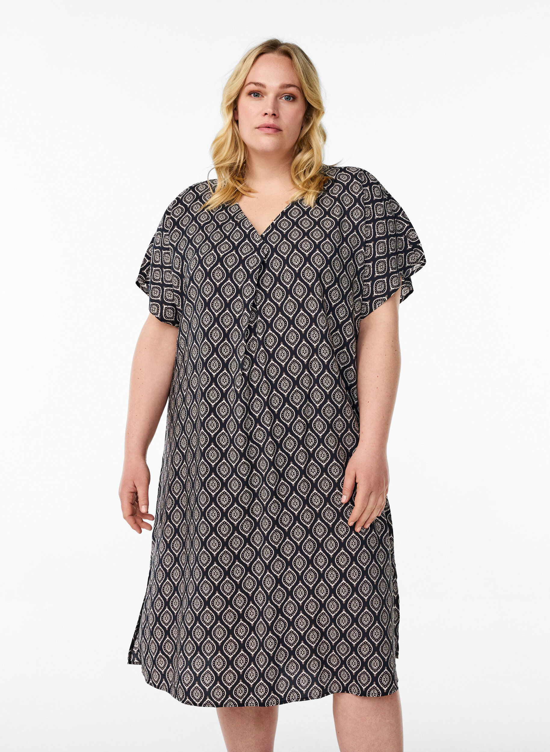 Kleid aus Viskose mit V-Ausschnitt, Blau, Model