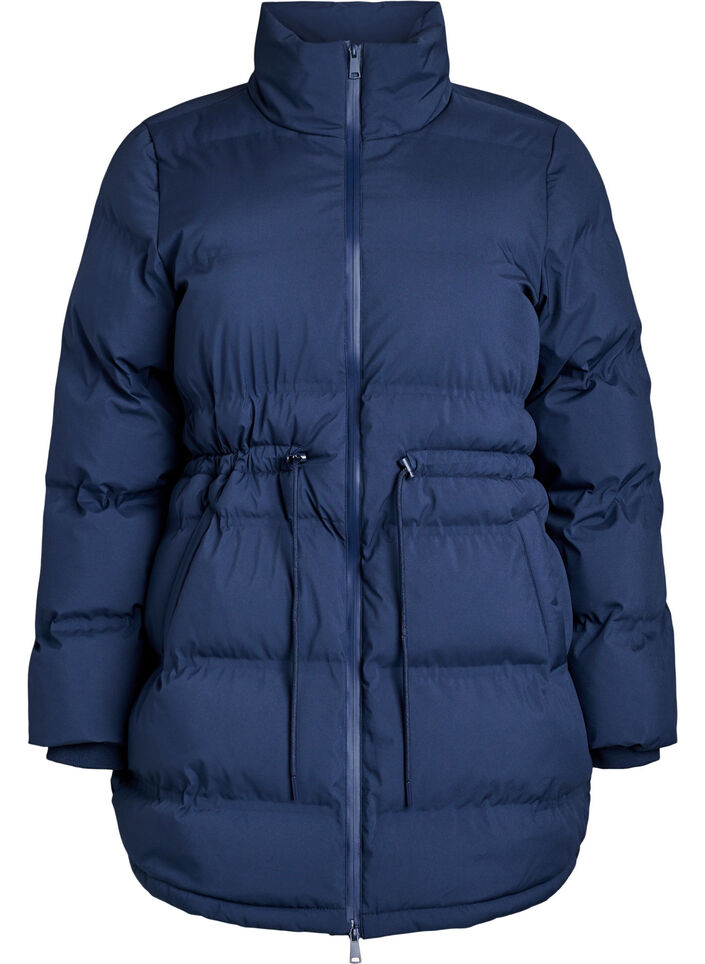 Mittellange Pufferjacke mit verstellbarer Taille, Blau, Packshot image number 0