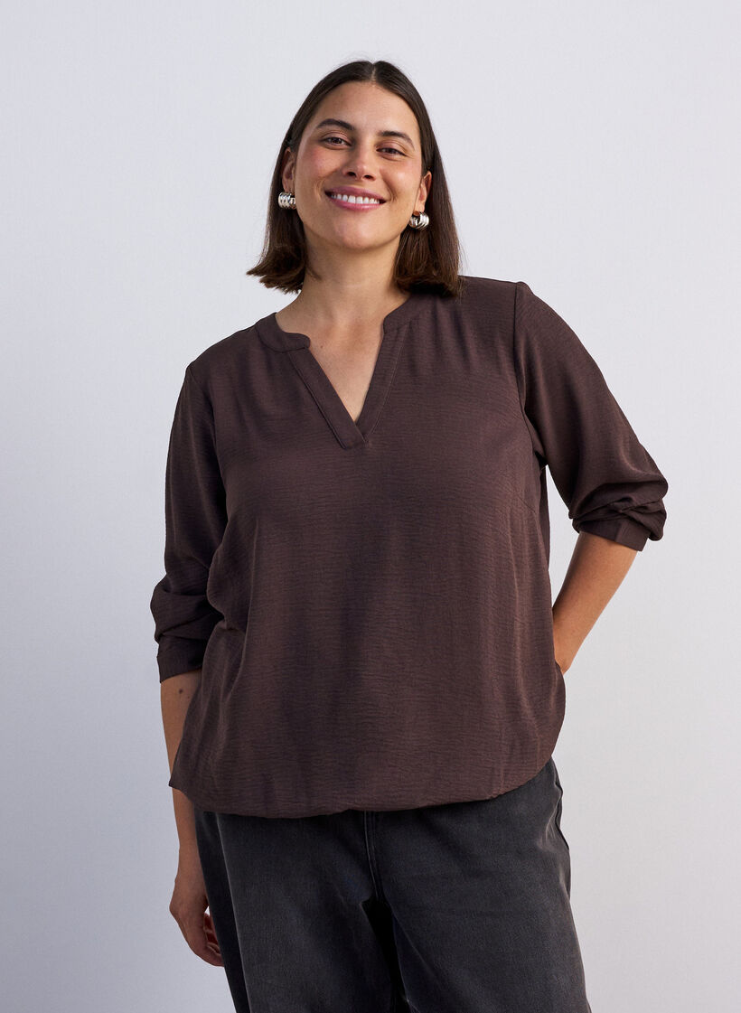 Bluse in Ballon-Silhouette mit V-Ausschnitt, Braun, Model image number 0
