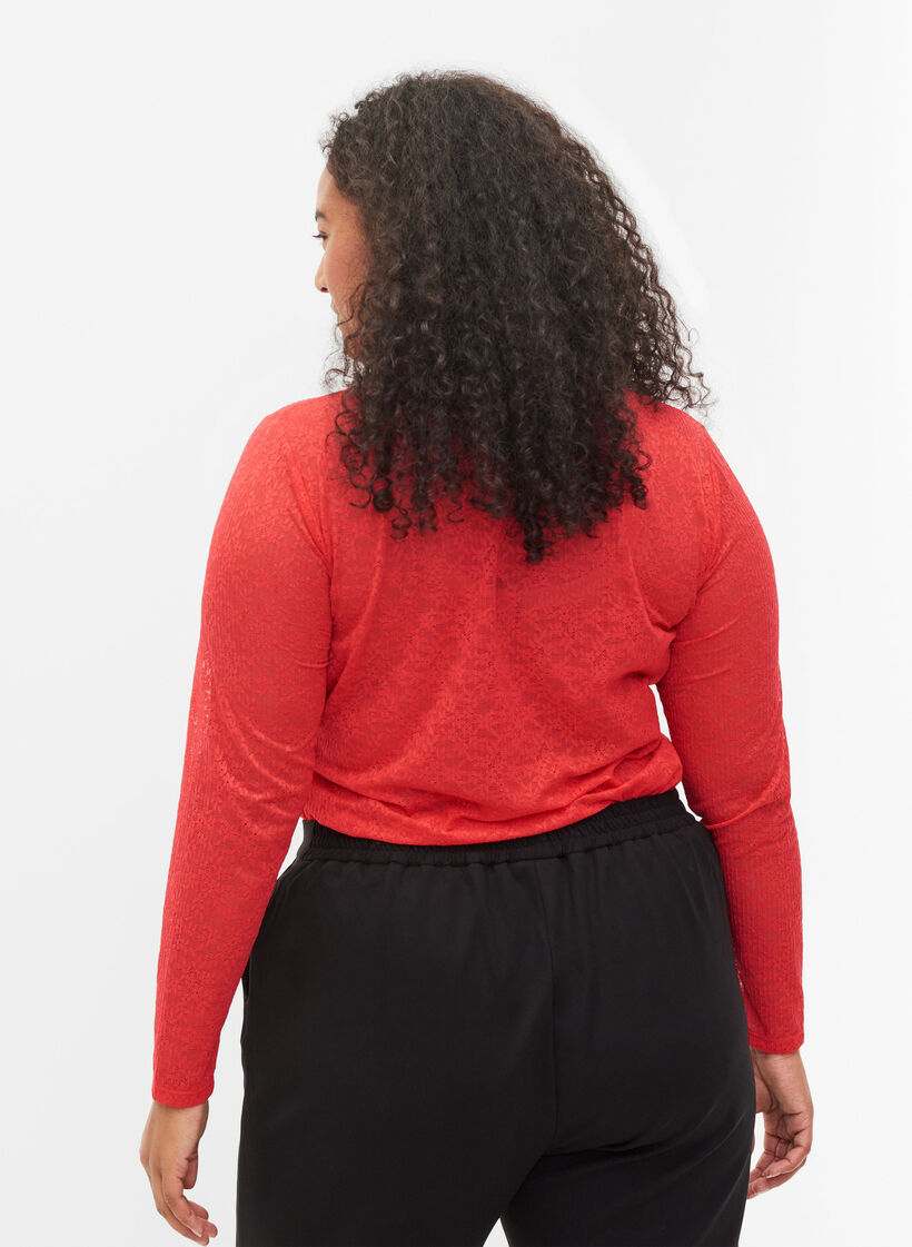 Enganliegende Spitzenbluse mit langen Ärmeln, Hibiscus, Model image number 1