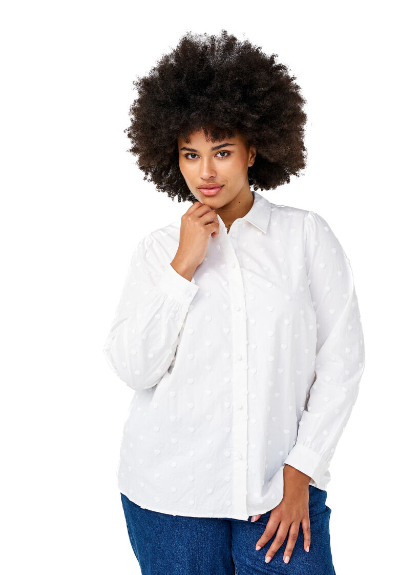 Bluse mit Stehkragen und aufgenähten Herzen, Weiß, Model image number 0