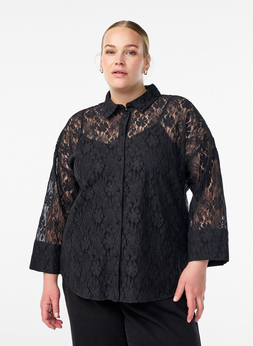 Bluse aus Spitze mit 3/4-Ärmeln, Schwarz, Model image number 0
