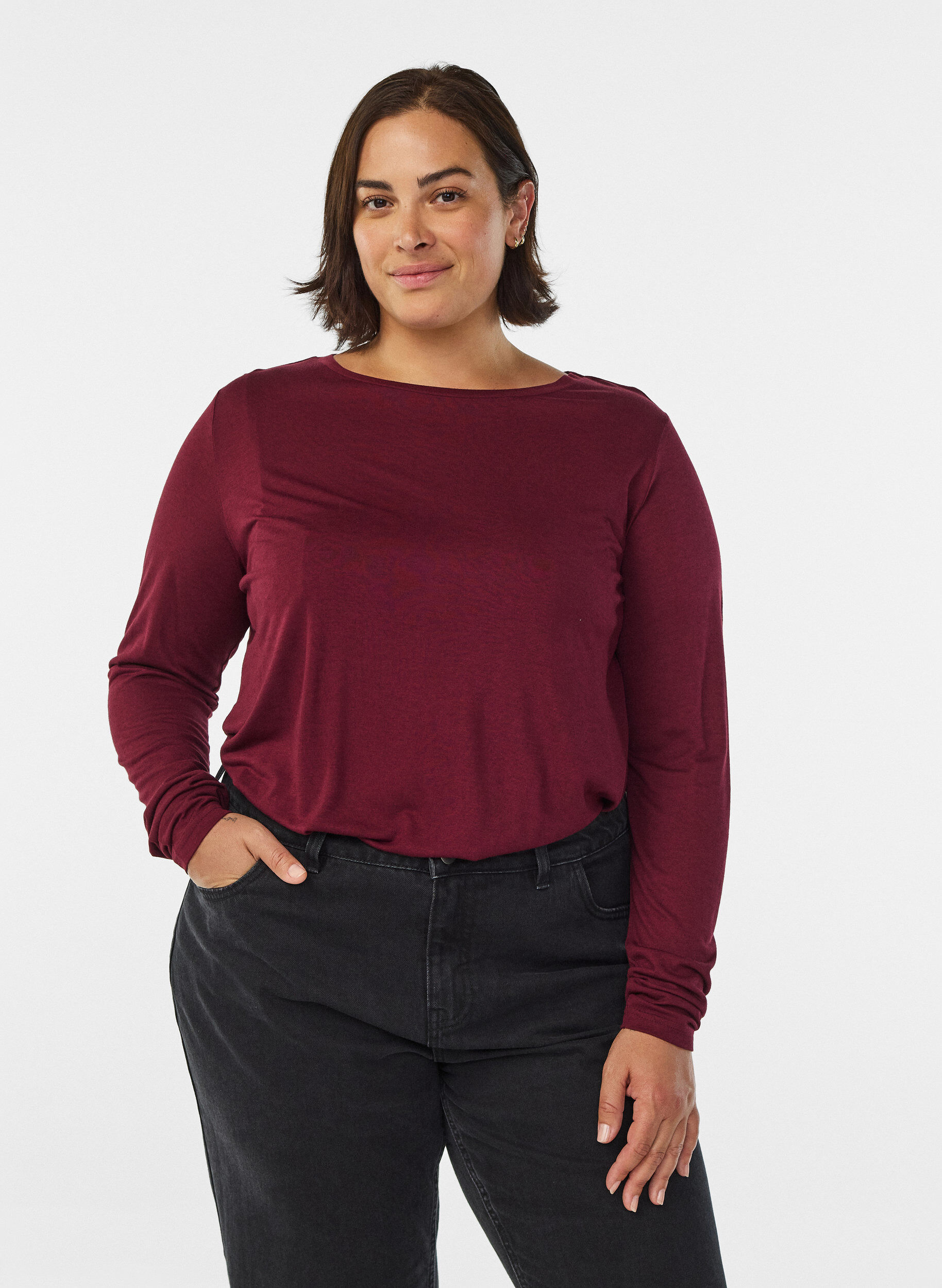 ZizziLang&auml;rmelige Bluse aus Wolle und Viskose, Dunkles Bordeaux, Model image number 0