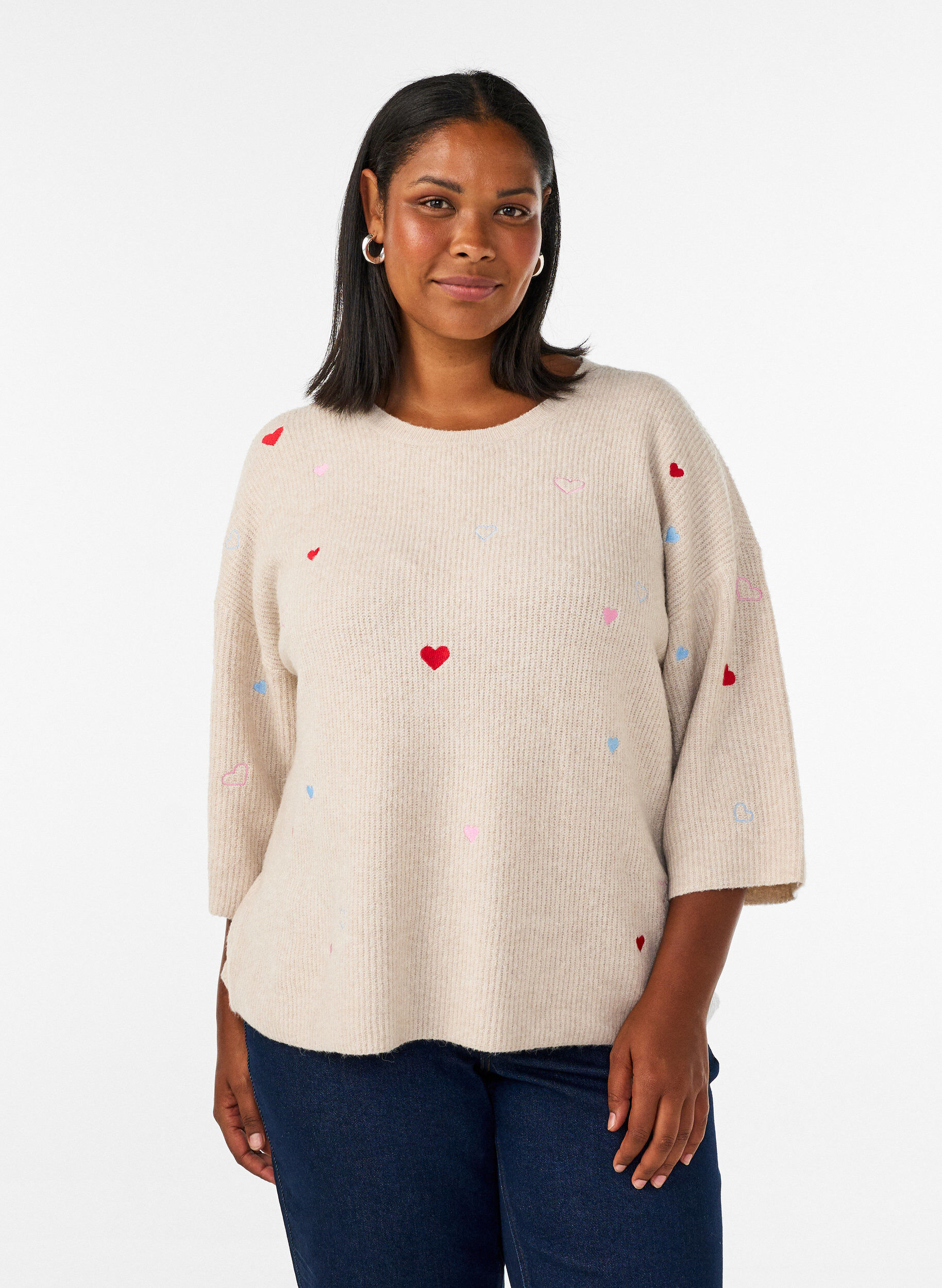 Strickbluse mit Herzen und 3/4-&Auml;rmeln, Beige, Model