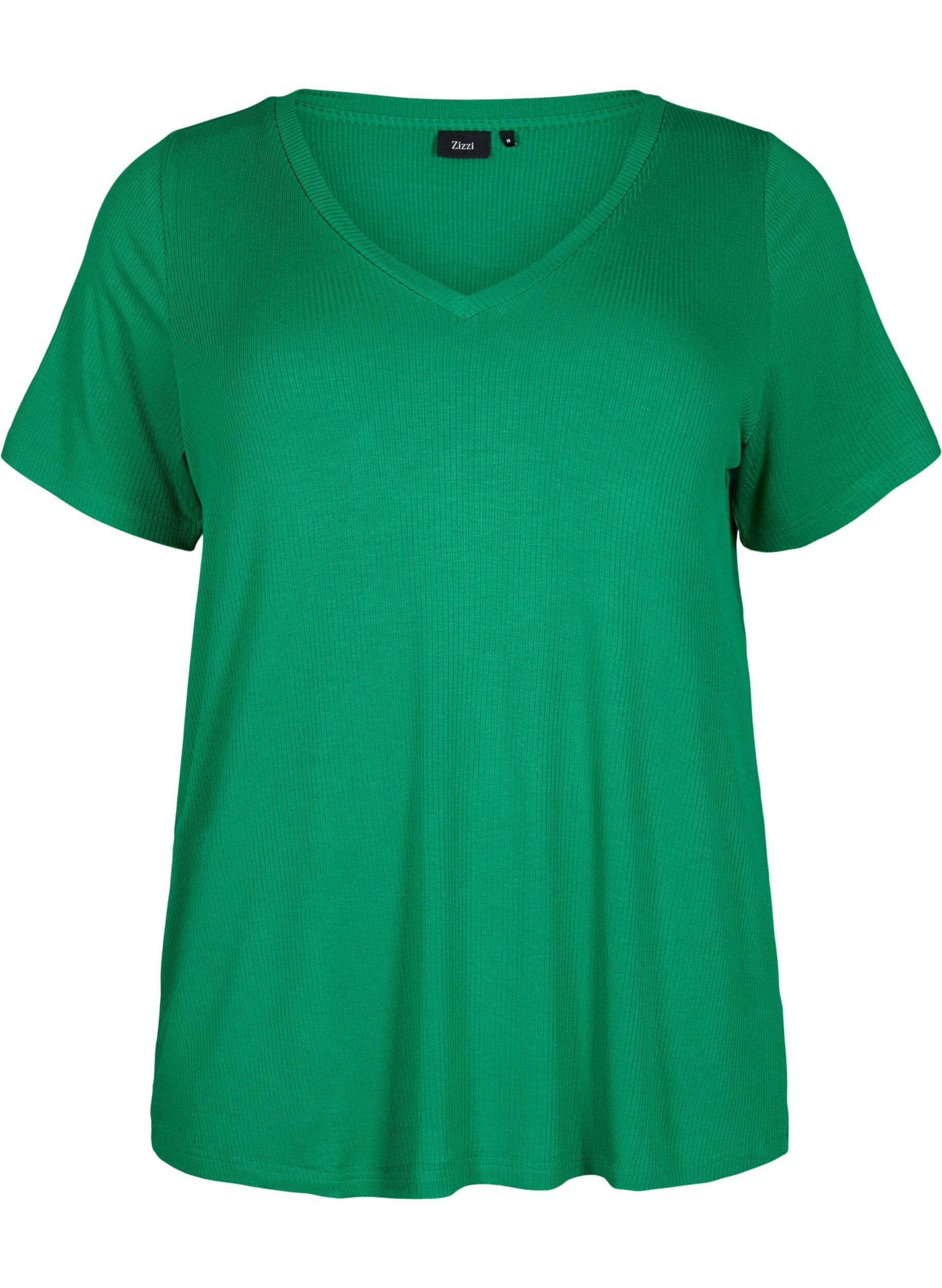 Zizzi Geripptes T-Shirt aus Viskose mit V-Ausschnitt, Jolly Green, Packshot image number 0