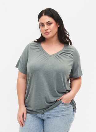 Meliertes T-Shirt mit elastischem Saum, Balsam Green Mél, Model image number 0