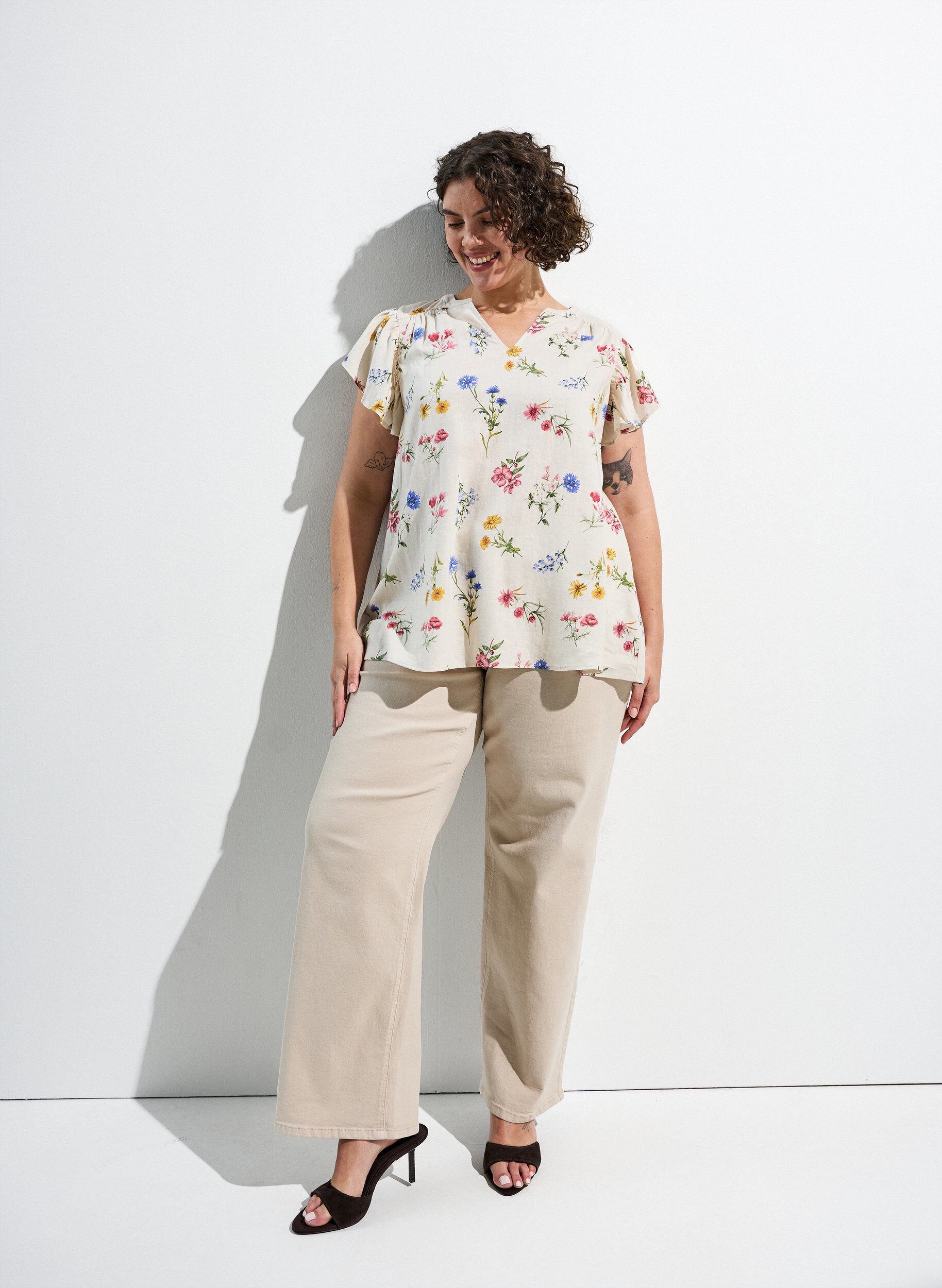 ZizziBluse aus Viskose und Leinen mit R&uuml;schen&auml;rmeln, Beige, Image image number 0