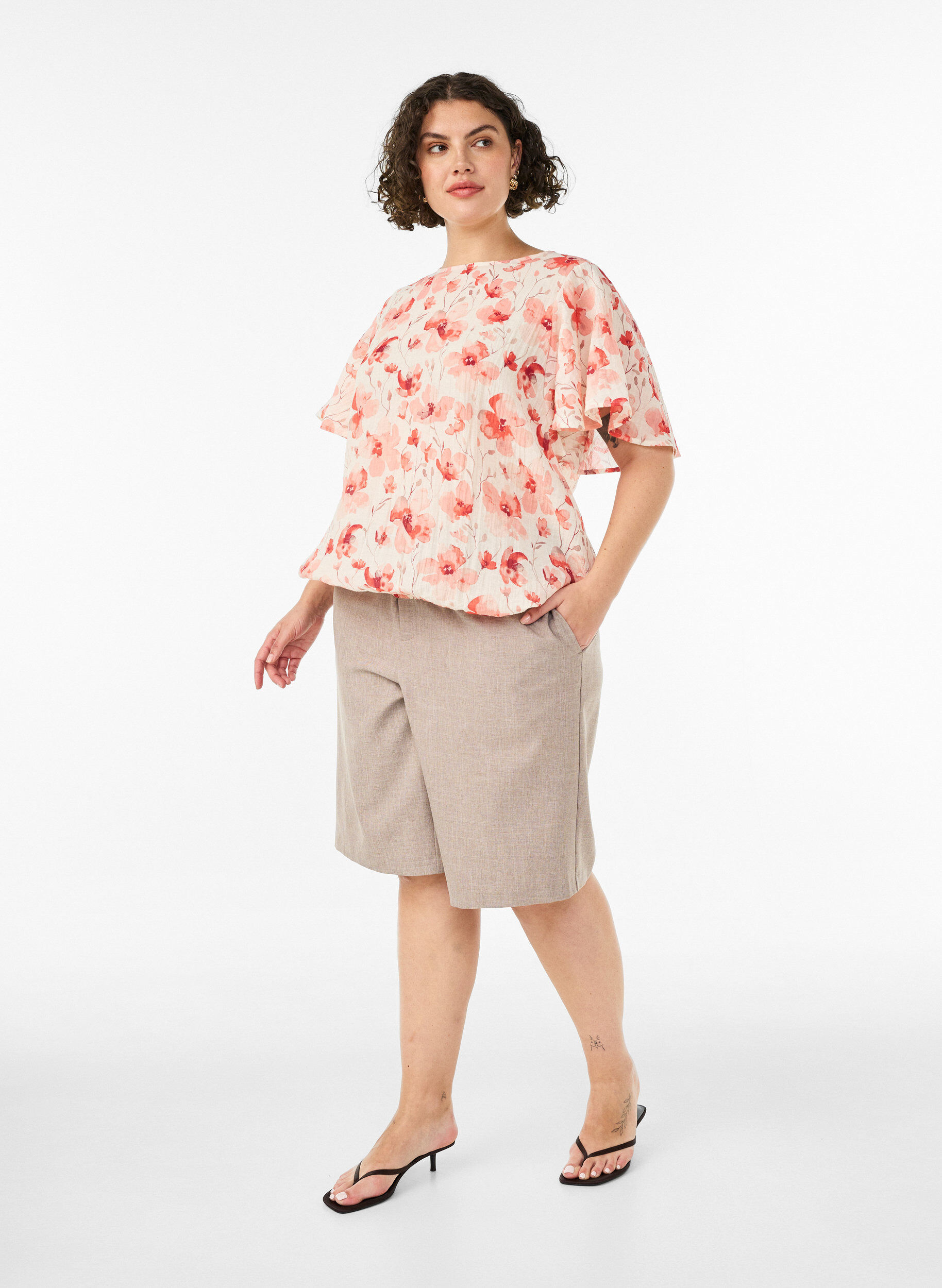 Bluse mit Ballonform und Fl&uuml;gel&auml;rmeln, Orange, Model