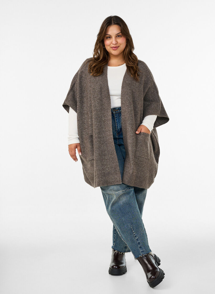 Strickjacke mit offener Vorderseite und weiten &Auml;rmeln, Braun, Model image number 1