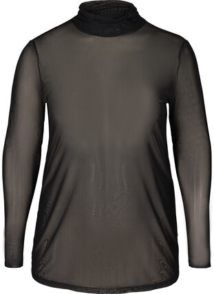 Mesh Bluse mit hohem Kragen und Leoparden Print, Black, Packshot image number 0