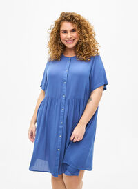 A-Linien-Kleid aus Viskose mit kurzen Ärmeln, Moonlight Blue, Model